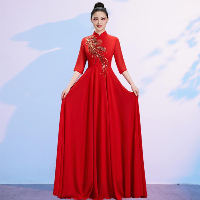 韩式红色演出服新款2025女新大合唱万疆舞蹈服装朗诵比赛中式长裙