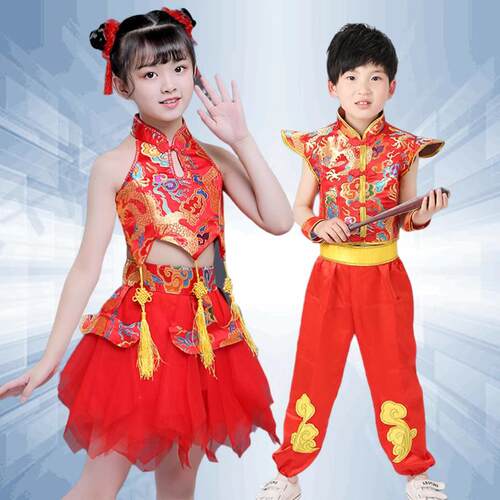 韩式儿童服打鼓中国风喜庆演出服服幼儿秧歌舞蹈表演开门红腰鼓队