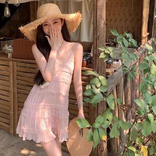海南三亚海边度假超仙沙滩百褶短裙子女夏旅游拍照粉色吊带连衣裙