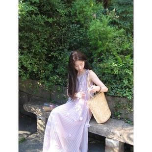 氛围感沙滩裙 海边度假风紫色吊带连衣裙女夏日绝美超仙小裙子法式