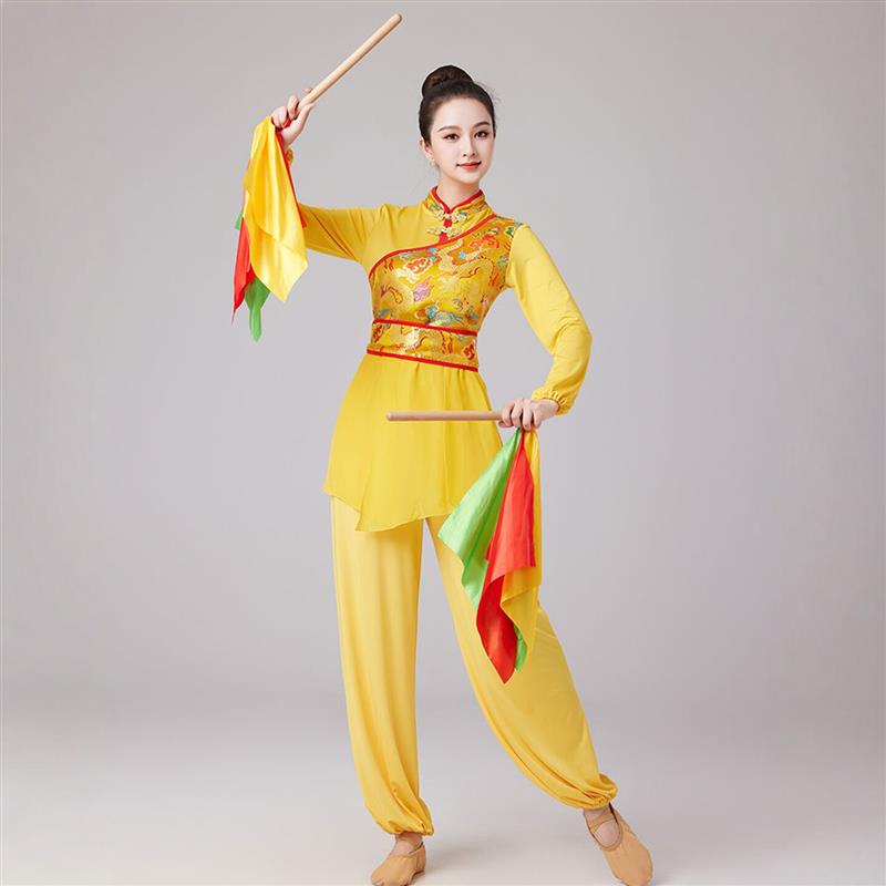 韩式舞蹈民族中国风云龙纹锦打鼓演出服女黄色长袖服喜庆腰鼓服秧
