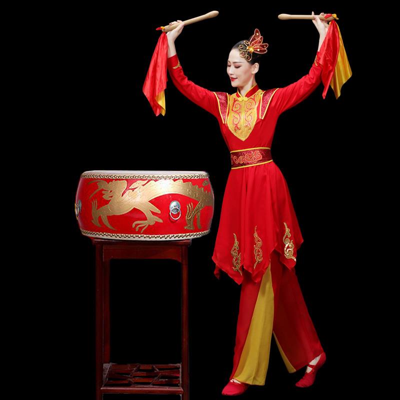韩式新款打鼓女服装演出红色战鼓威风锣鼓表演服腰鼓中老年民族舞