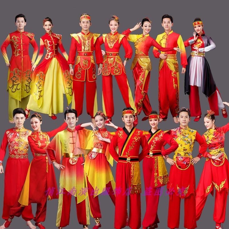 韩式红色腰鼓队锣打鼓喜庆中国风龙鼓成人服中老年广场舞表演服赛
