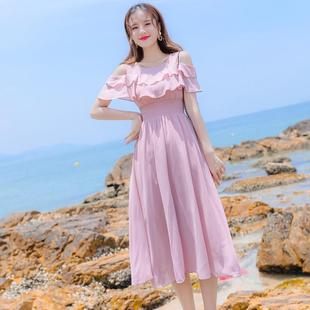 夏季 连衣裙仙女超仙甜美沙滩裙度假海边 收腰显瘦长款 露肩荷叶袖