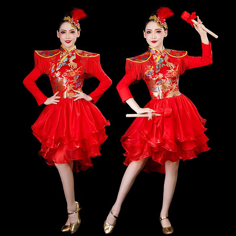韩式连衣裙打鼓演出服女成人风腰鼓水鼓舞蹈服装蓬蓬中国舞现代舞