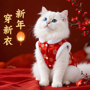 猫咪衣服冬季新年加厚过年棉衣拜年马甲狗狗小猫幼猫加绒喜庆唐装