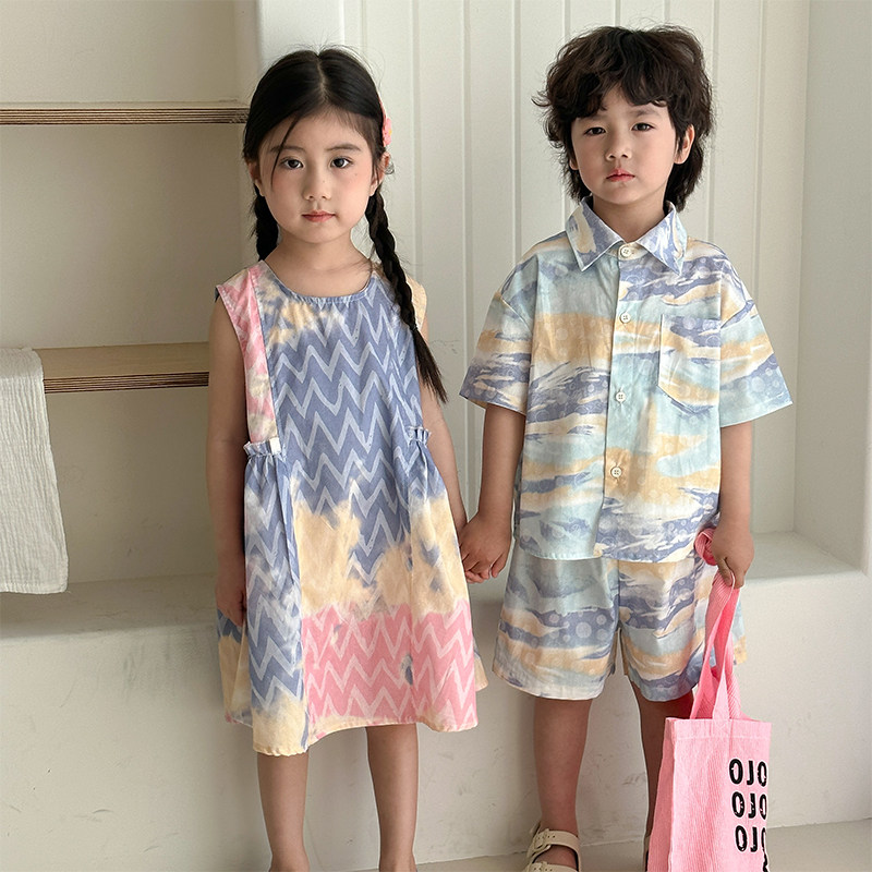 兄妹装儿童夏季衬衫套装男童沙滩2025新款宝宝洋气女童背心连衣裙