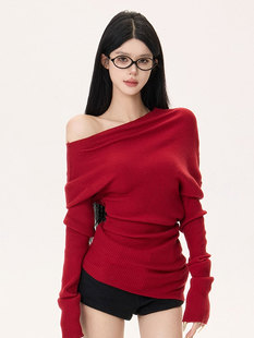 高级感红色一字肩长袖针织衫女秋冬季内搭毛衣打底衫性感露肩上衣