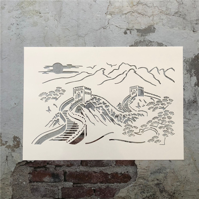 山水长城 风景画松树DIY镂空模板手绘墙绘硅藻泥真石漆涂鸦遮蔽板