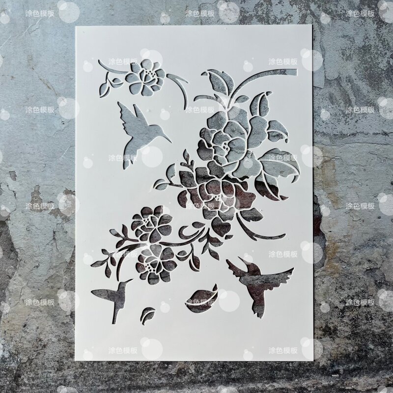 花丛蜂鸟 国风花鸟枝头镂空模板手绘画画涂鸦墙绘DIY喷绘图遮蔽板