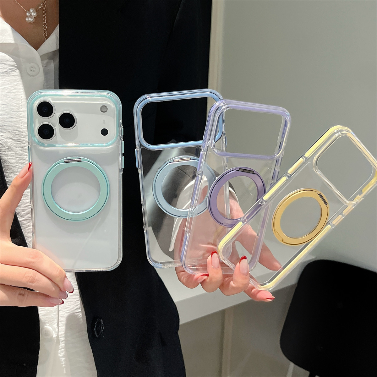 宏界 高级感简约透明纯色360旋转支架适用苹果17ProMax手机壳iphone15新款16pro硅胶13女款14pro防摔17保护套
