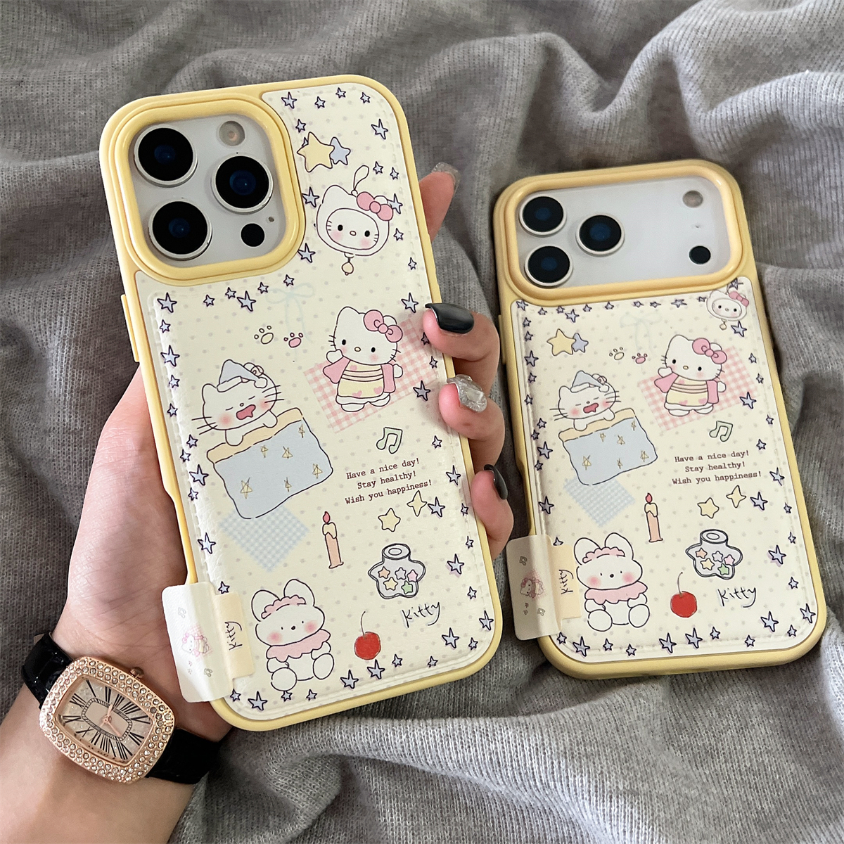 宏界 秋冬皮纹可爱围圈星星睡觉猫咪适用苹果17ProMax手机壳iphone15新款16pro时尚13pro女款14pro防摔保护套
