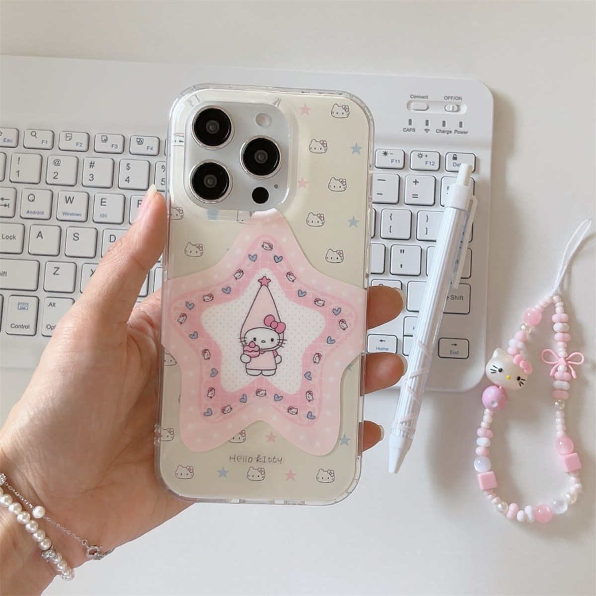 宏界 少女心可爱粉色星星Kitty猫链条适用苹果16promax手机壳iphone15pro新款13硅胶16女款14pro防摔保护套