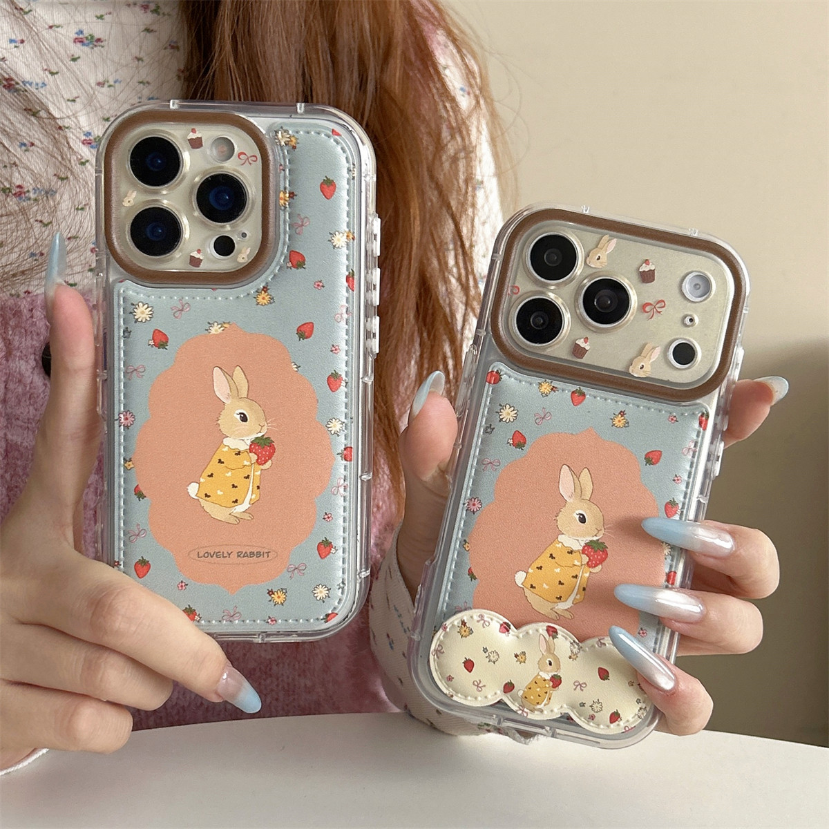 宏界 春天款ins碎花蝴蝶结草莓兔子适用苹果17ProMax手机壳iphone15新款16pro皮纹17pro女款14pro防摔保护套