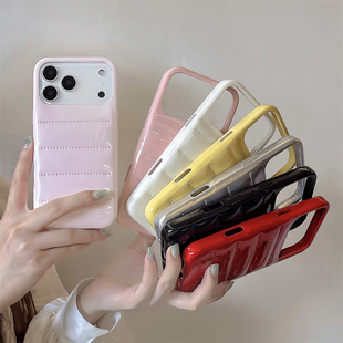 宏界 秋冬高级感纯色皮质羽绒服适用苹果17ProMax手机壳iphone15新款16pro时尚13女款14pro防摔17pro保护套