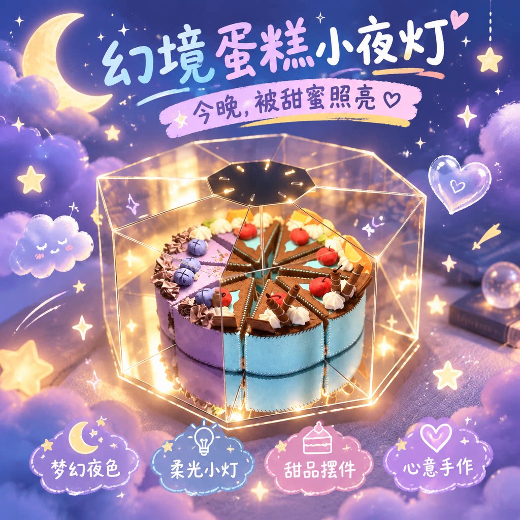 网红自动旋转不织布幻境蛋糕diy材料包生日礼物送男女朋友小夜灯