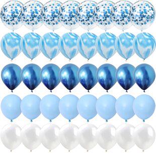 40 Pcs Blue Set Agate Marble Balloons Silver Confetti Balloo