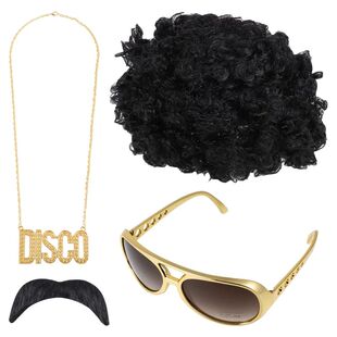 Disco Hip Hop Costume Set Funky Afro Wig Sunglasses Mustach