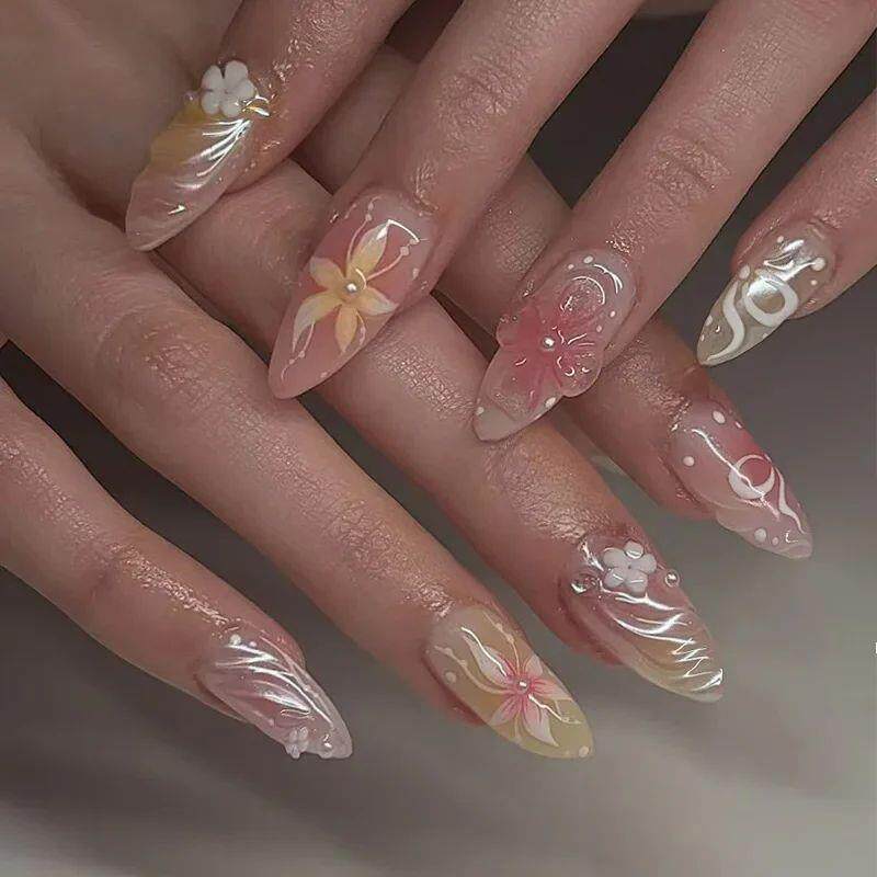 24pcs Almond Press on Nails Flower False Nails Wearable Stic