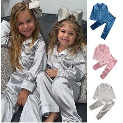 Kids Boy Girl Pajamas Silk Satin Top Pant Long sleeve Solid
