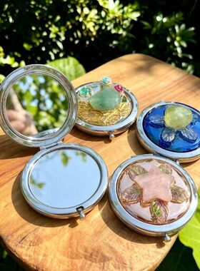 天然水晶原石便携式折叠化妆镜双面随身补妆手持镜时尚节日礼物