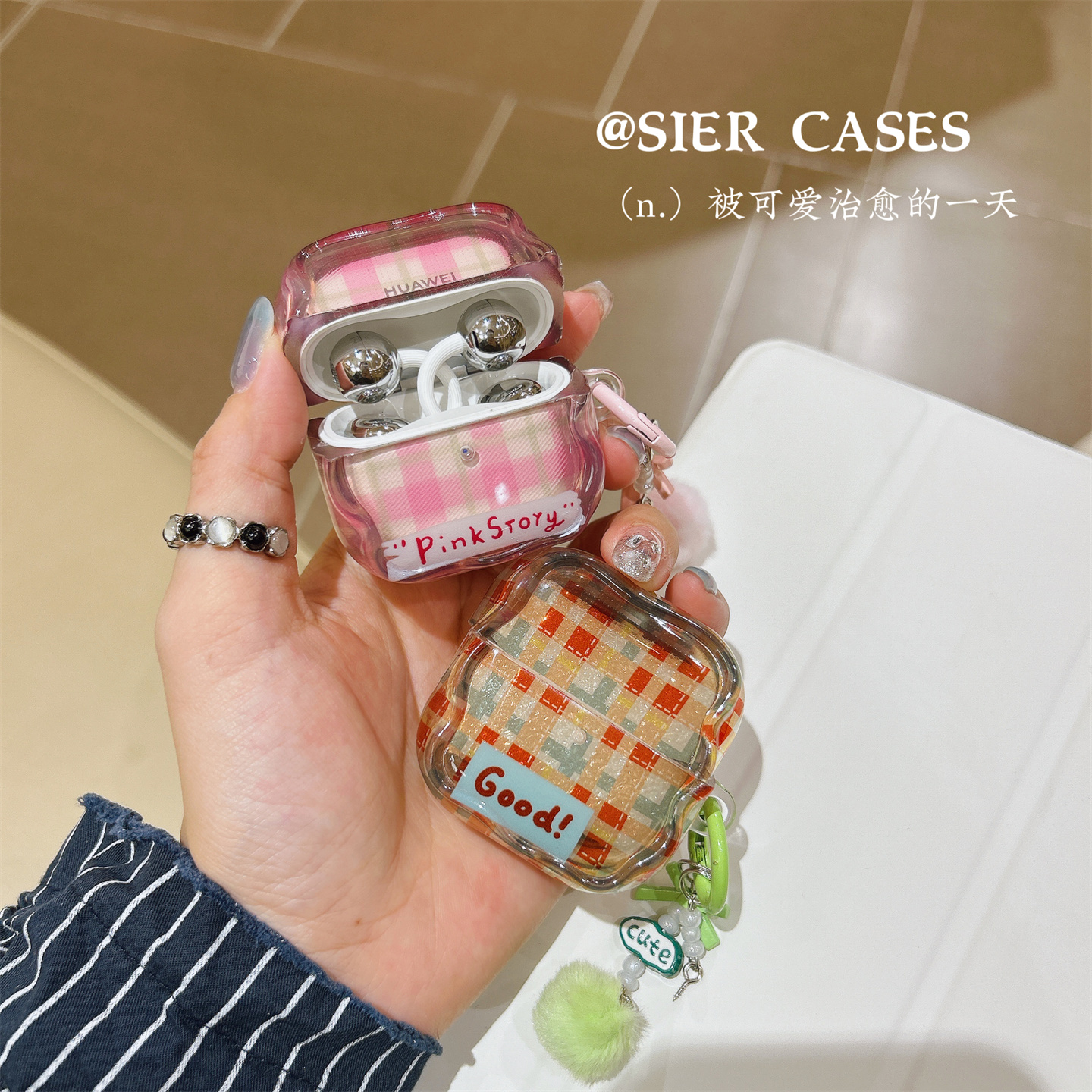 ins风粉格子freeclip2保护套玫瑰粉适用于华为freeclip蓝牙耳机保护壳波浪纹7i防摔SE3闺蜜同款freebudspro4