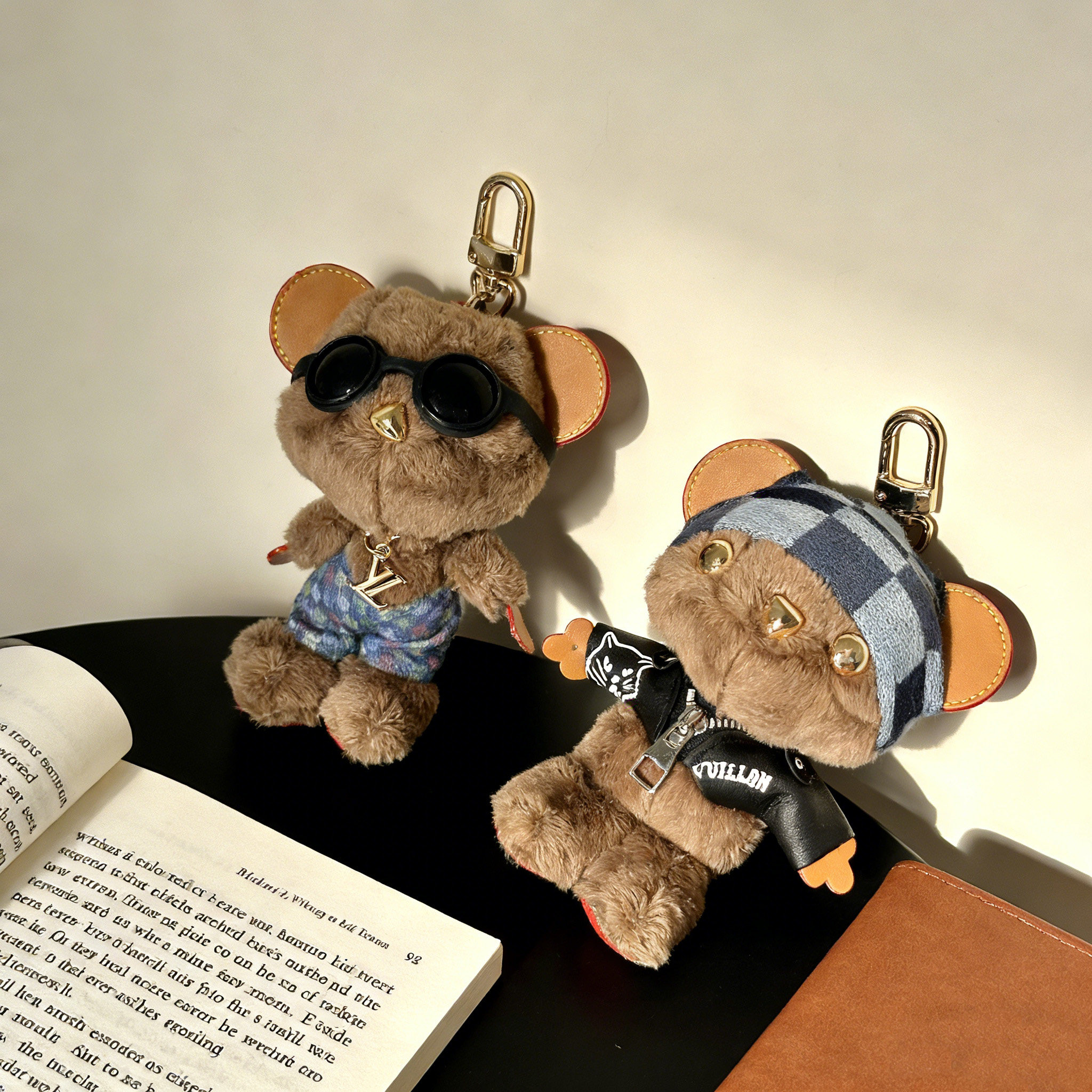 棕色眼镜小熊公仔包挂件可爱卡通毛绒挂件真皮水貂毛泰迪熊钥匙扣