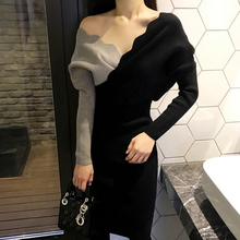 宽松显瘦包臀打底裙 毛衣女长袖 针织连衣裙女秋冬2019新款 V领女装