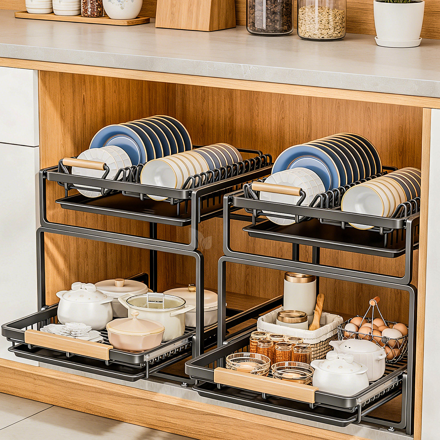 不锈钢碗碟收纳架厨房橱柜内置物双层抽屉式拉篮抽拉碗盘沥水碗架