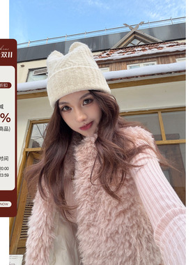 PickRui 睿哥 新款猫耳针织帽子女冬毛线帽显脸小时尚保暖护耳帽