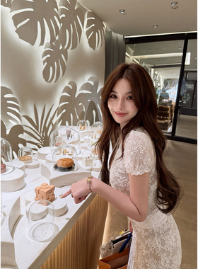 PickRui睿哥 白玫瑰小香风蕾丝上衣修身半身裙套装两件套女夏新款