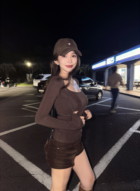 PickRui 睿哥 秋冬U领垫肩内搭打底衫女新款修身长袖上衣极简百搭