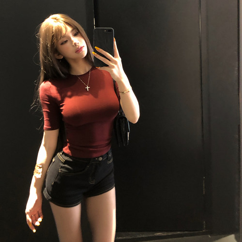 PickRui睿哥 舒适区 酒红色显瘦修身T恤女早秋新款打底衫内搭上衣