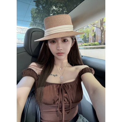 PickRui 睿哥 咖啡可露丽修身短袖拼接短款T女露肩纯欲显瘦上衣