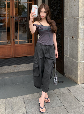 PickRui睿哥 率性痞帅 黑灰色牛仔做旧工装裤新款高腰休闲裤女夏