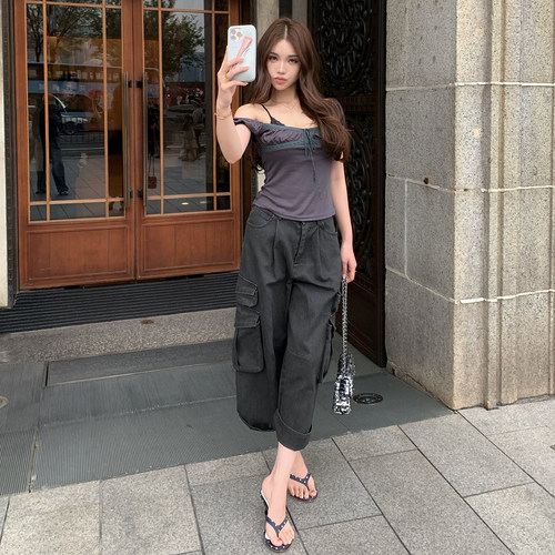 PickRui睿哥 率性痞帅 黑灰色牛仔做旧工装裤新款高腰休闲裤女夏