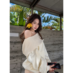 PickRui睿哥 上衣 日常爱穿慵懒风一字肩连帽卫衣女早春设计感长袖