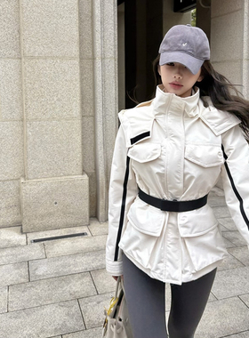 PickRui 睿哥 猎人小姐 白色派克工装羽绒服女秋冬连帽收腰外套
