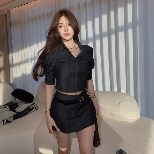 PickRui睿哥 丹宁俱乐部夏季原色牛仔套装美式复古半身裙两件套女