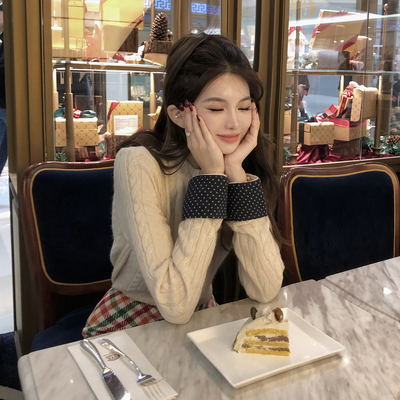 PickRui睿哥 温柔狙击手波点拼接开衫外套女新款毛针织衫秋冬上衣