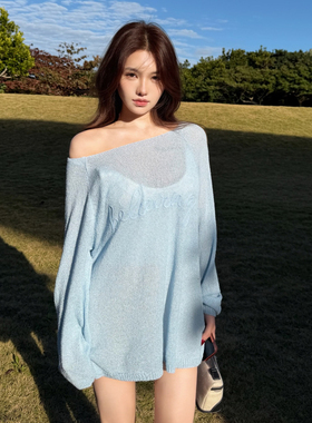 PickRui睿哥 米兰假日baby蓝微透字母宽松罩衫女夏新款防晒衫长袖