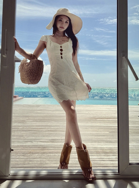 PickRui 睿哥 南法花园 镂空绣花白色连衣裙法式优雅白月光短裙