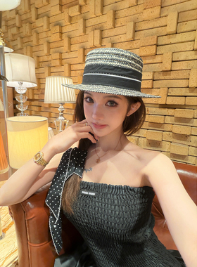 PickRui睿哥 黑色系法式平顶草帽新款海边沙滩礼帽女帽子夏季防晒