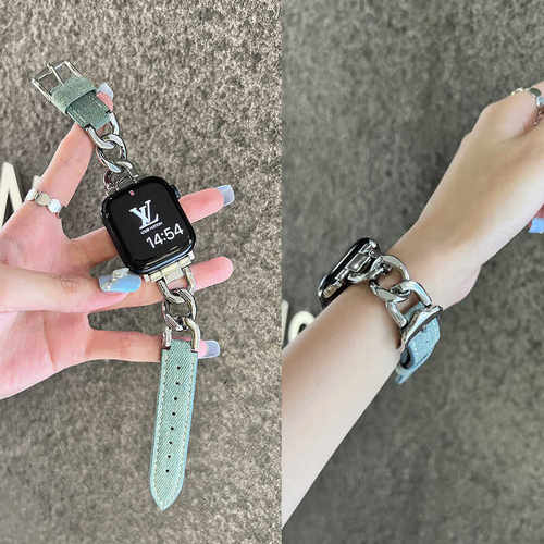 牛仔帆布拼链条不锈钢时尚手表带