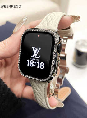 小香菱格蝴蝶扣真皮质表带适用于苹果Applewatch10789代SES11表带