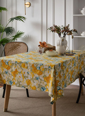 桌布黄色花朵印花餐桌布田园布艺棉布黄色长方形盖巾桌垫