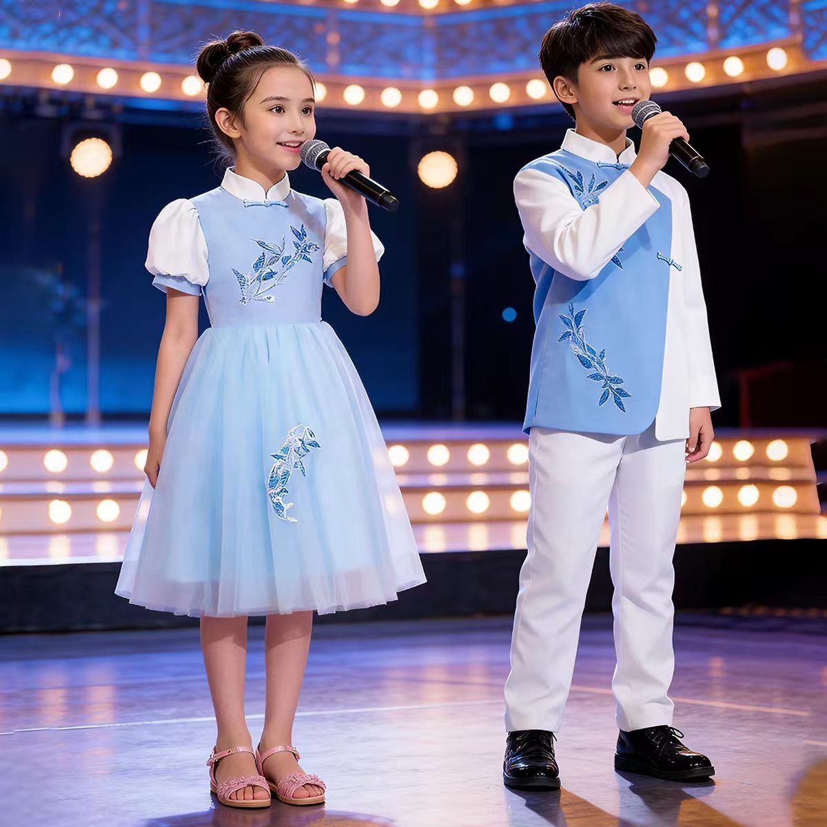 儿童合唱服装演出服男女童礼服中小学生表演朗诵纱裙大合唱团