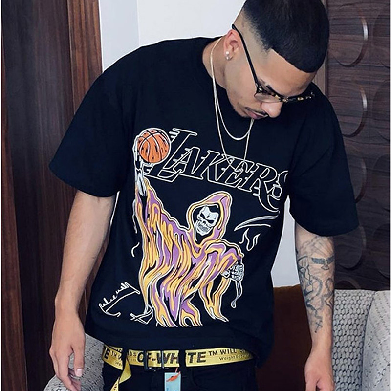 2022ss 美式高街风篮球火死神扣篮湖人lakers宽松短袖t恤男女潮夏
