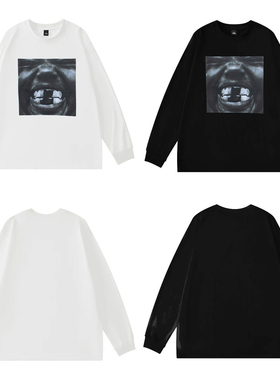 新品侃爷Ye kanye同款BullY周边黑白牙齿专辑封面周边圆领长袖T恤