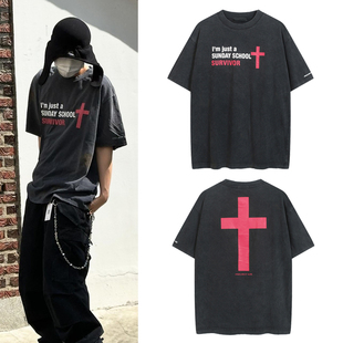 PROJECT Grailz幸存者标语十字架印花水洗做旧短袖T恤男女情侣夏